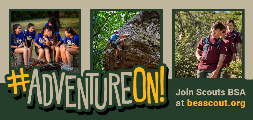 adventure on 2023 digital billboard 840x400px 72dpi #adventureon photo collage; hiking; campfire; rock climbing